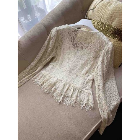 L743 Custom Made To Order Lace Women Long Sleeve V-Neck Sheer Blouse Regular Size XS S M L XL & Plus size 1x-10x (SZ16-52)