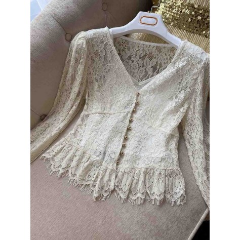 L744 Custom Made To Order Lace Balloon Sleeve V-Neck Cardigan Blouse Regular Size XS S M L XL & Plus size 1x-10x (SZ16-52)