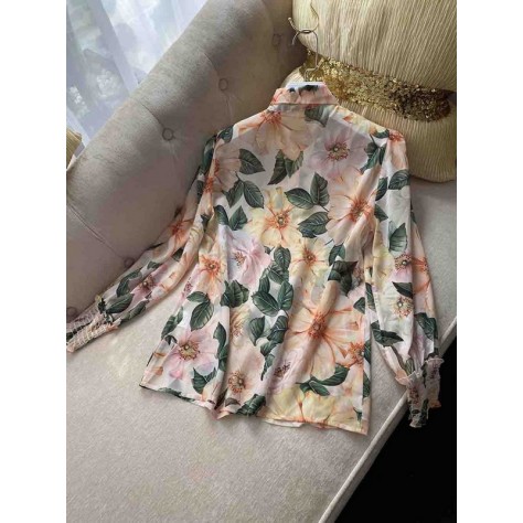 L746 Custom Made To Order Chiffon Women's Tie Neck Bow Floral Blouse Regular Size XS S M L XL & Plus size 1x-10x (SZ16-52)