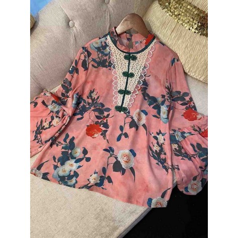 L747 Custom Made To Order Chiffon Vintage Mock Neck Floral  Cheongsam Blouse Regular Size XS S M L XL & Plus size 1x-10x (SZ16-52)