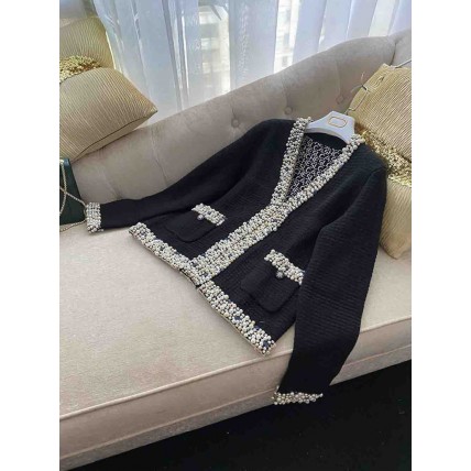 L752 Custom Made To Order Cashmere Blend V-Neck Beaded Trim Cardigan Cashmere Sweater Regular Size XS S M L XL & Plus size 1x-10x (SZ16-52)