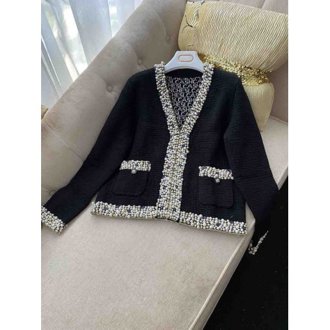 L752 Custom Made To Order Cashmere Blend V-Neck Beaded Trim Cardigan Cashmere Sweater Regular Size XS S M L XL & Plus size 1x-10x (SZ16-52)