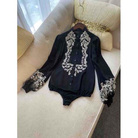 L759 Custom Made To Order Chiffon Womans Embroidered Bodysuit shirt Regular Size XS S M L XL & Plus size 1x-10x (SZ16-52)