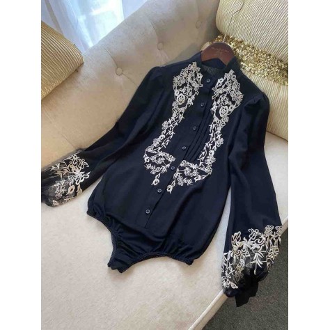 L759 Custom Made To Order Chiffon Womans Embroidered Bodysuit shirt Regular Size XS S M L XL & Plus size 1x-10x (SZ16-52)