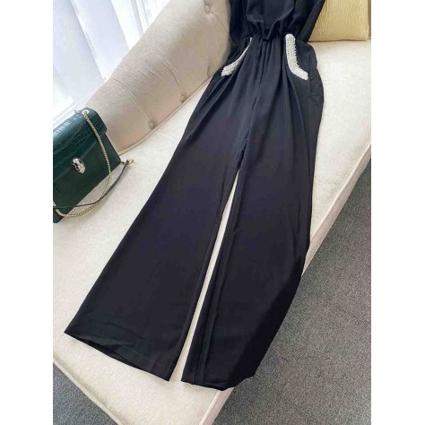 L763 Custom Made To Order Polyester Halter Beaded Trim Wide-Leg  Jumpsuit New Regular Size XS S M L XL & Plus size 1x-10x (SZ16-52)