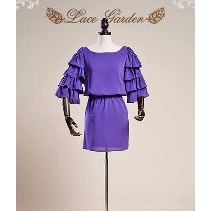 L77 Satin Chiffon Tiered Ruffle Sleeve Cinched Waist Mini Dress Regular Size XS S M L XL & Plus size 1x-10x (SZ16-52)