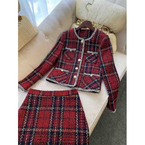 L773 Custom Made to order Tweed Single-Breasted Plaid Tweed Skirt Suit New Regular Size XS S M L XL & Plus size 1x-10x (SZ16-52)