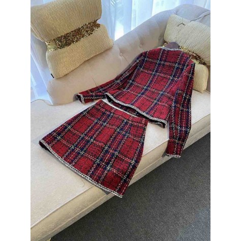 L773 Custom Made to order Tweed Single-Breasted Plaid Tweed Skirt Suit New Regular Size XS S M L XL & Plus size 1x-10x (SZ16-52)