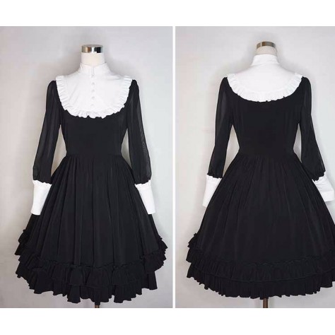 L78 Chiffon&Poplin Lolita Long Sleeve A-Line Ruffle Hem Dress Regular Size XS S M L XL & Plus size 1x-10x (SZ16-52)