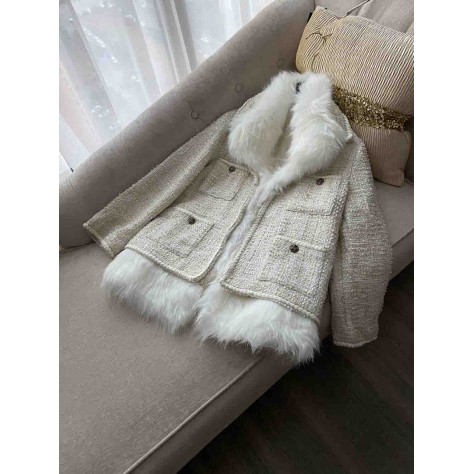 L785 Custom Made to order Tweed Long Sleeve Fur Trim Casual Overcoat Coat Regular Size XS S M L XL & Plus size 1x-10x (SZ16-52)