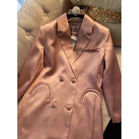 L790 Custom Made to order Satin Elegant Double Button Mid-Length Blazer Coat Regular Size XS S M L XL & Plus size 1x-10x (SZ16-52)