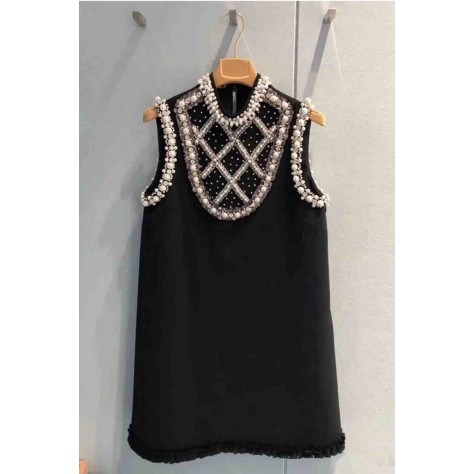 L798 Custom Made to order Jersey Mock Neck Beaded Sleeveless Mini Dress New Regular Size XS S M L XL & Plus size 1x-10x (SZ16-52)