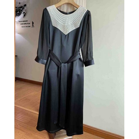 L799 Custom Made to order Satin Crew Neck Beaded Trim Belted Satin Dress Regular Size XS S M L XL & Plus size 1x-10x (SZ16-52)