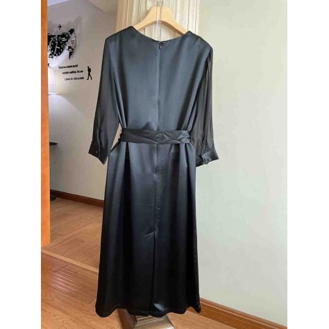 L799 Custom Made to order Satin Crew Neck Beaded Trim Belted Satin Dress Regular Size XS S M L XL & Plus size 1x-10x (SZ16-52)