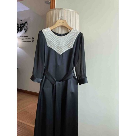 L799 Custom Made to order Satin Crew Neck Beaded Trim Belted Satin Dress Regular Size XS S M L XL & Plus size 1x-10x (SZ16-52)