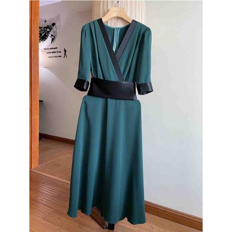 L800 Custom Made to order Satin Women V-Neck Half Sleeve A-Line Dress Regular Size XS S M L XL & Plus size 1x-10x (SZ16-52)