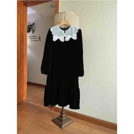 L805 Custom Made to order Velvet Vintage Crew Neck Ruffle Hem Dress Regular Size XS S M L XL & Plus size 1x-10x (SZ16-52)