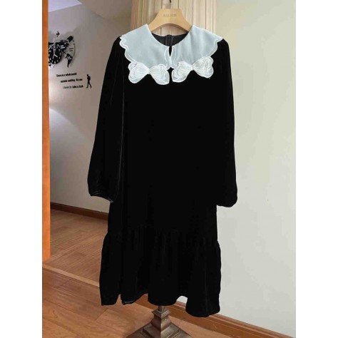 L805 Custom Made to order Velvet Vintage Crew Neck Ruffle Hem Dress Regular Size XS S M L XL & Plus size 1x-10x (SZ16-52)