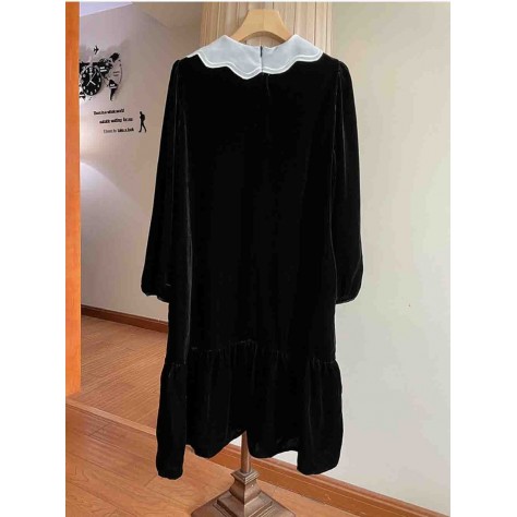 L805 Custom Made to order Velvet Vintage Crew Neck Ruffle Hem Dress Regular Size XS S M L XL & Plus size 1x-10x (SZ16-52)