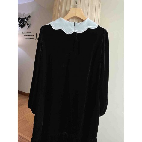 L805 Custom Made to order Velvet Vintage Crew Neck Ruffle Hem Dress Regular Size XS S M L XL & Plus size 1x-10x (SZ16-52)