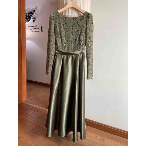 L806 Custom Made to order Lace/Satin Boat Neck Long Sleeve Dress New Regular Size XS S M L XL & Plus size 1x-10x (SZ16-52)