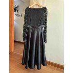 L806 Custom Made to order Lace/Satin Boat Neck Long Sleeve Dress New Regular Size XS S M L XL & Plus size 1x-10x (SZ16-52)