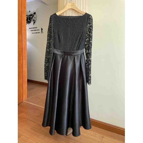 L806 Custom Made to order Lace/Satin Boat Neck Long Sleeve Dress New Regular Size XS S M L XL & Plus size 1x-10x (SZ16-52)