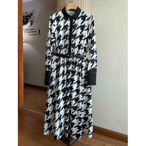 L809 Custom Made to order Polyester Long Sleeve Houndstooth Big swing Dress New Regular Size XS S M L XL & Plus size 1x-10x (SZ16-52)