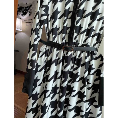 L809 Custom Made to order Polyester Long Sleeve Houndstooth Big swing Dress New Regular Size XS S M L XL & Plus size 1x-10x (SZ16-52)