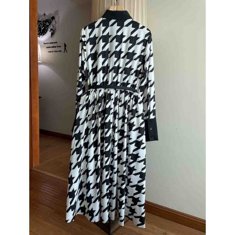 L809 Custom Made to order Polyester Long Sleeve Houndstooth Big swing Dress New Regular Size XS S M L XL & Plus size 1x-10x (SZ16-52)