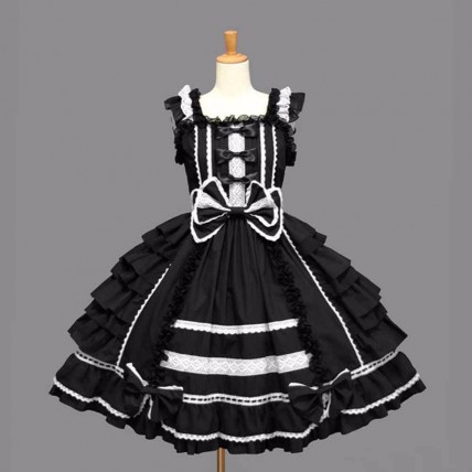 L81 Spandex cotton Poplin Lolita Tiered Ruffle Hem Bow A Line Dress Regular Size XS S M L XL & Plus size 1x-10x (SZ16-52)