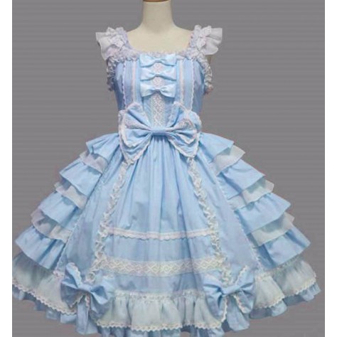 L81 Spandex cotton Poplin Lolita Tiered Ruffle Hem Bow A Line Dress Regular Size XS S M L XL & Plus size 1x-10x (SZ16-52)