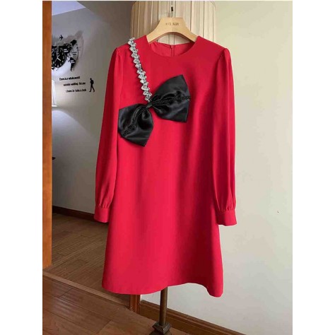 L810 Custom Made to order Cotton spandex Crew Neck Bow Trim Rhinestone A-Line Dress Regular Size XS S M L XL & Plus size 1x-10x (SZ16-52)