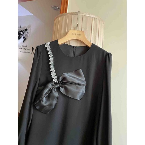 L810 Custom Made to order Cotton spandex Crew Neck Bow Trim Rhinestone A-Line Dress Regular Size XS S M L XL & Plus size 1x-10x (SZ16-52)