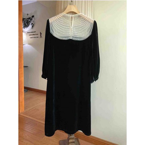 L813 Custom Made to order Velvet  Crew Neck Beaded Trim A-Line Dress Regular Size XS S M L XL & Plus size 1x-10x (SZ16-52)