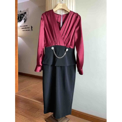 L815 Custom Made to order Satin V-Neck Contrast Ruffle Hip Wrap Dress Regular Size XS S M L XL & Plus size 1x-10x (SZ16-52)