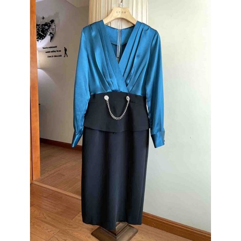 L815 Custom Made to order Satin V-Neck Contrast Ruffle Hip Wrap Dress Regular Size XS S M L XL & Plus size 1x-10x (SZ16-52)