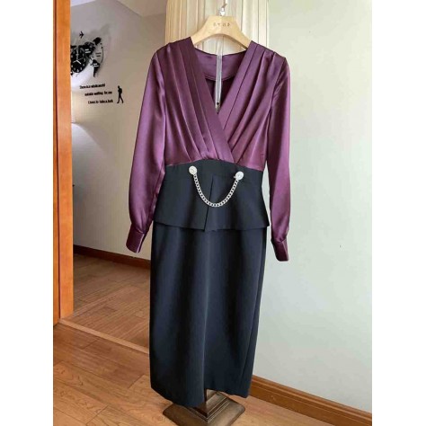 L815 Custom Made to order Satin V-Neck Contrast Ruffle Hip Wrap Dress Regular Size XS S M L XL & Plus size 1x-10x (SZ16-52)