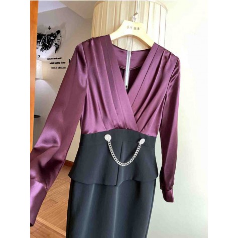 L815 Custom Made to order Satin V-Neck Contrast Ruffle Hip Wrap Dress Regular Size XS S M L XL & Plus size 1x-10x (SZ16-52)