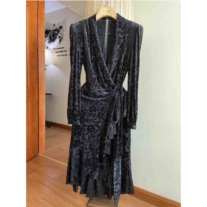 L817 Custom Made to order Velvet Retro V-Neck Floral Ruffle Wrap Dress Regular Size XS S M L XL & Plus size 1x-10x (SZ16-52)