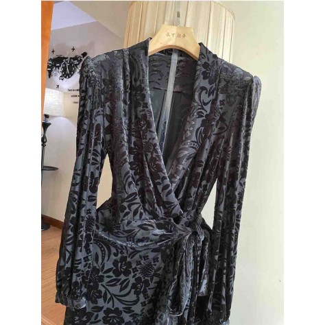 L817 Custom Made to order Velvet Retro V-Neck Floral Ruffle Wrap Dress Regular Size XS S M L XL & Plus size 1x-10x (SZ16-52)