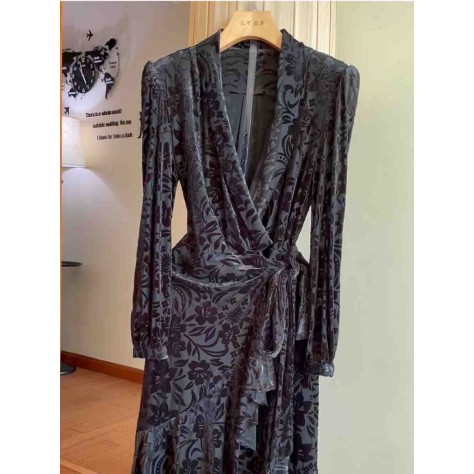 L817 Custom Made to order Velvet Retro V-Neck Floral Ruffle Wrap Dress Regular Size XS S M L XL & Plus size 1x-10x (SZ16-52)