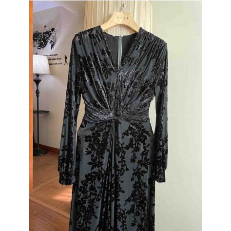 L818 Custom Made to order Velvet V-Neck Floral Ruched Party Dress New Regular Size XS S M L XL & Plus size 1x-10x (SZ16-52)