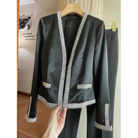 L823 Custom Made to order Satin Women's Business Beaded Trim 2 Piece Suit Regular Size XS S M L XL & Plus size 1x-10x (SZ16-52)