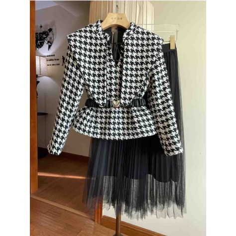 L833 Custom Made to order Tweed Houndstooth Jacket/Gauze Skirt 2 Piece Suit Regular Size XS S M L XL & Plus size 1x-10x (SZ16-52)