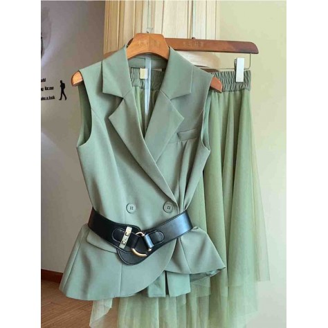 L836 Custom Made to order Polyester Women's Blazer Vest Top + Gauze Skirt Suit Regular Size XS S M L XL & Plus size 1x-10x (SZ16-52)