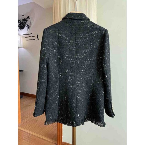 L843 Custom Made to order Tweed Long Sleeve Sequin Tasseled Trim Coat Regular Size XS S M L XL & Plus size 1x-10x (SZ16-52)