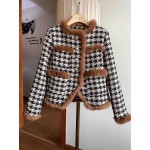 L844 Custom Made to order Tweed Houndstooth Fur Trim Short Overcoat Coat Regular Size XS S M L XL & Plus size 1x-10x (SZ16-52)