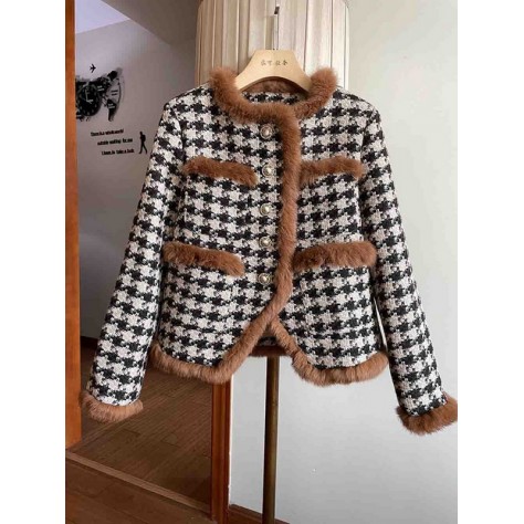 L844 Custom Made to order Tweed Houndstooth Fur Trim Short Overcoat Coat Regular Size XS S M L XL & Plus size 1x-10x (SZ16-52)