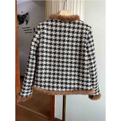 L844 Custom Made to order Tweed Houndstooth Fur Trim Short Overcoat Coat Regular Size XS S M L XL & Plus size 1x-10x (SZ16-52)